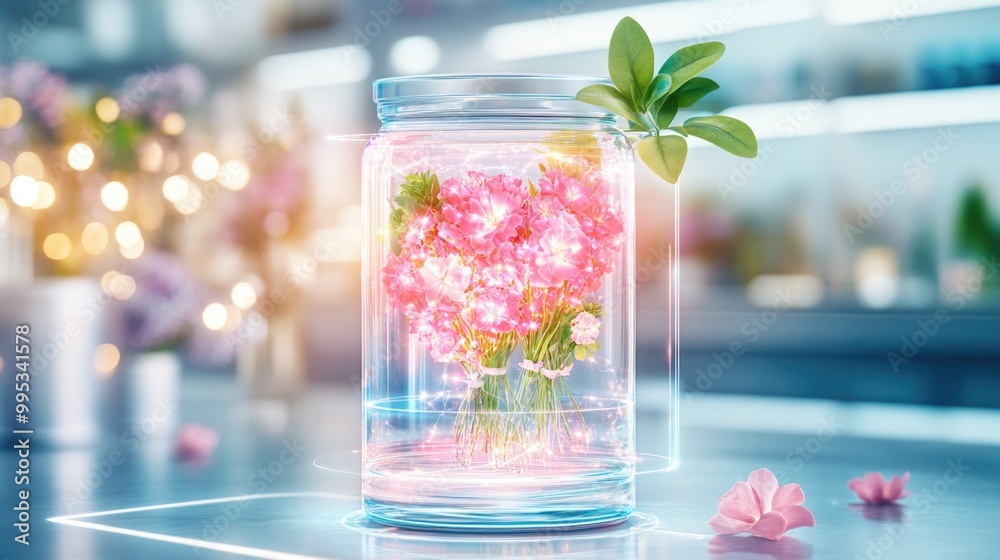 Vibrant flowers encased in a glass jar with green leaves in a modern lab setting Vibrant flowers encased in a glass jar with green leaves in a modern lab setting