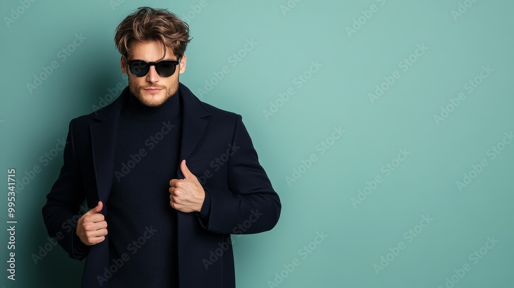 Stylish man in sunglasses against a teal background Stylish man in sunglasses against a teal background