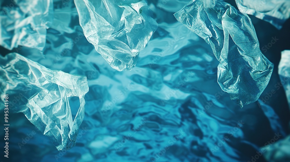 Fototapeta premium Close up of plastic bags and other trash floating in the ocean. Pollution, trash and an unprotected environment concept