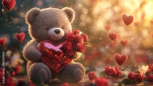A cute teddy bear holds a heart and flowers amidst a romantic, dreamy background.