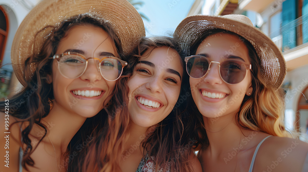 Three beautiful young women smiling at camera outside - Happy girls friends taking selfie pic with smart mobile phone - Female tourists enjoying summertime vacation together Three beautiful young women smiling at camera outside - Happy girls friends taking selfie pic with smart mobile phone - Female tourists enjoying summertime vacation together
