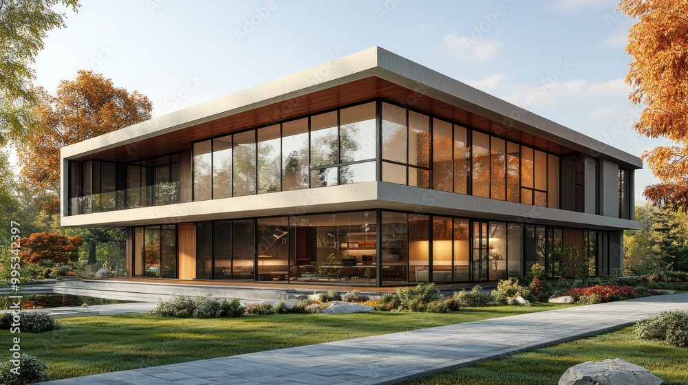 Modern house with large windows surrounded by lush greenery. Modern house with large windows surrounded by lush greenery.