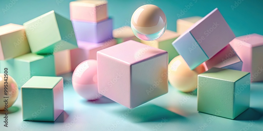 Fototapeta premium 3D render of pastel colored cubes and floating sphere macro