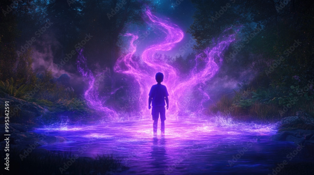 Enchanted forest: child mesmerized by glowing purple mist under starry night sky Enchanted forest: child mesmerized by glowing purple mist under starry night sky