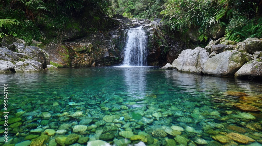 A waterfall is flowing into a pool of water A waterfall is flowing into a pool of water