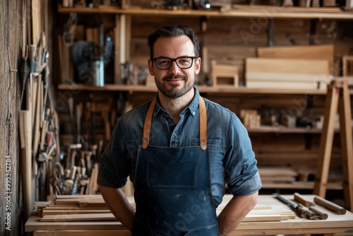 Skilled craftsman in his workshop surrounded by tools and woodworking projects