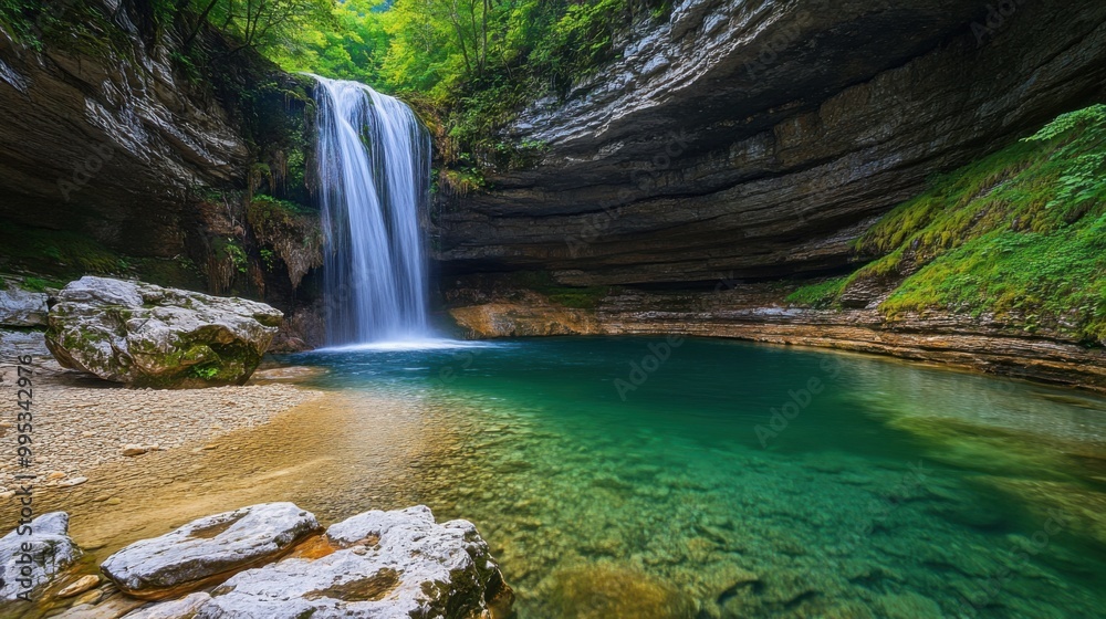 Naklejka premium A waterfall is flowing into a small pool of water