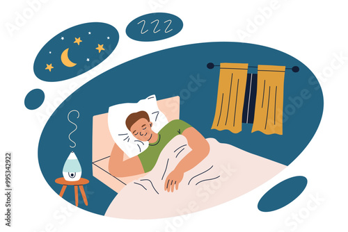 Vector illustration of man peacefully sleeping in bed, cozy bedroom with window, nightstand with humidifier. Comfortable pillow, blanket and bedding. Night scene with stars and moon. Rest, relaxation