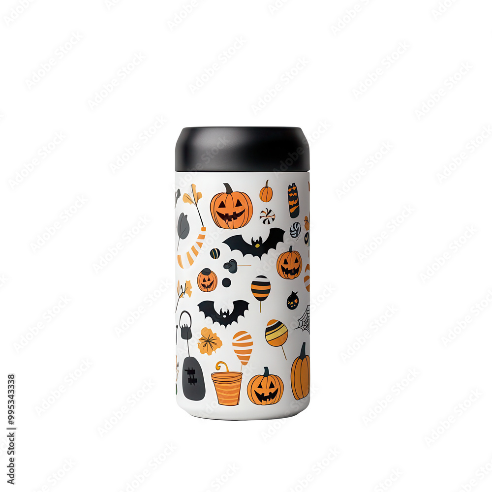 A festive Halloween-themed thermos featuring playful pumpkins, bats, and candies, perfect for seasonal beverages and snacks. A festive Halloween-themed thermos featuring playful pumpkins, bats, and candies, perfect for seasonal beverages and snacks.