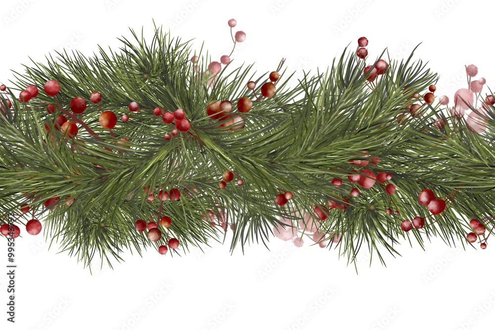 Fluffy pine branches and red berries. Christmas green branches on horizontal border, isolated on background. Watercolor illustration in digital. Green needles of pine and winter berries for Christmas