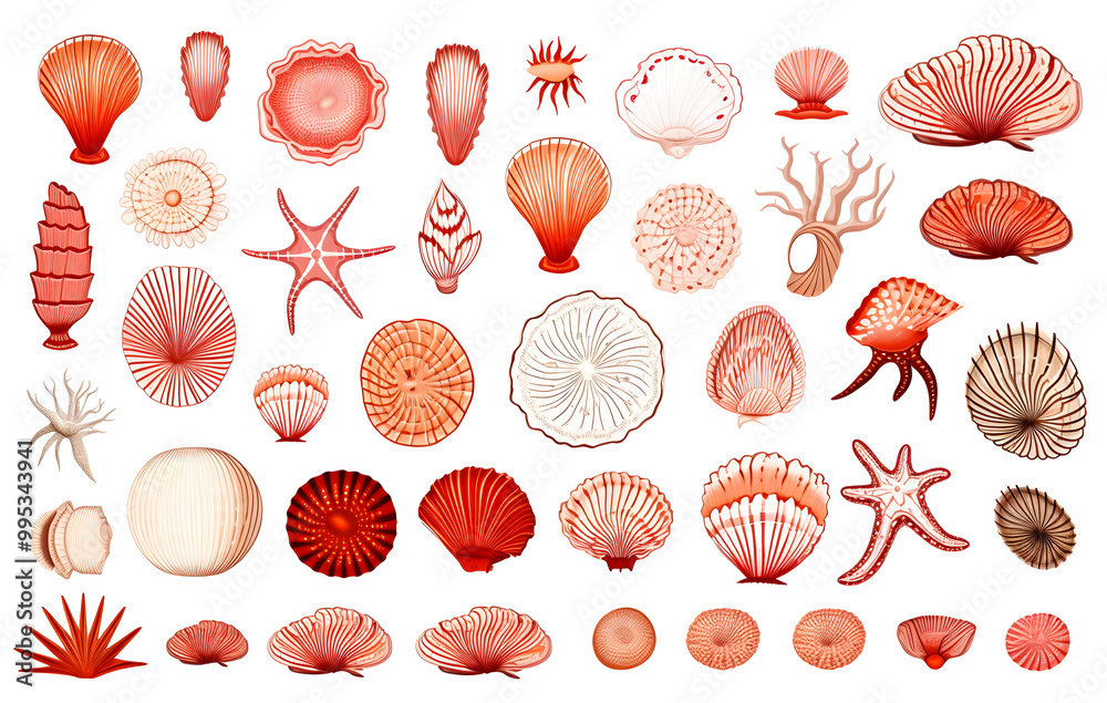 Fototapeta premium Red line drawing of shells, starfish and small sea creatures on white background.