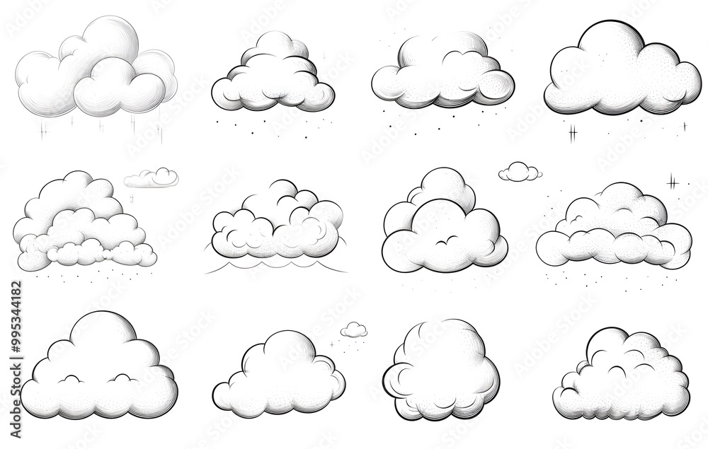 Cloud set, drawn with black lines, white background. Cloud set, drawn with black lines, white background.