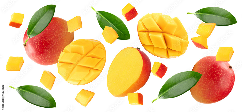 flying mango with slices and green leaves isolated on white background. clipping path
