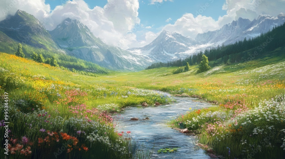 A beautiful landscape with a river running through a field of flowers A beautiful landscape with a river running through a field of flowers