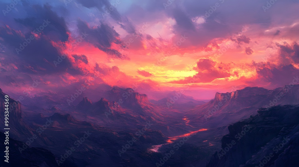 95. A dramatic landscape with a canyon and sunset colors in the sky 95. A dramatic landscape with a canyon and sunset colors in the sky