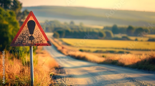 Conceptual image of a road sign with an exclamation mark icon, warning of a hazard ahead, set against a blurred countryside background. photo