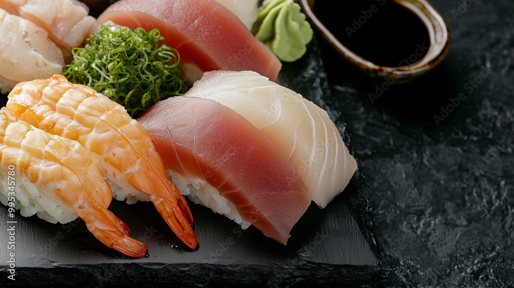 Exquisite Sushi Selection Featuring Tuna, Salmon, and Octopus with Soy Sauce and Wasabi Exquisite Sushi Selection Featuring Tuna, Salmon, and Octopus with Soy Sauce and Wasabi