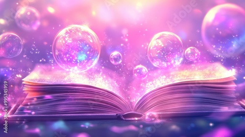 Open book with floating magical bubbles in enchanting light photo