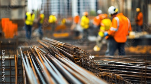 Construction site with workers and materials, focusing on building infrastructure. photo