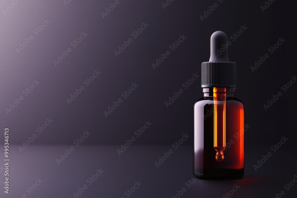 Amber Glass Dropper Bottle with Black Cap on a Dark Background Amber Glass Dropper Bottle with Black Cap on a Dark Background