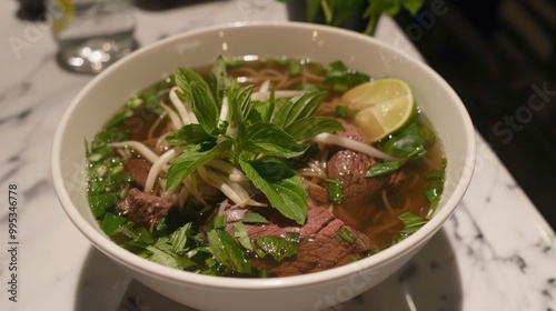 A beautifully presented bowl of pho, with fragrant broth, tender beef slices, fresh herbs, and a squeeze of lime