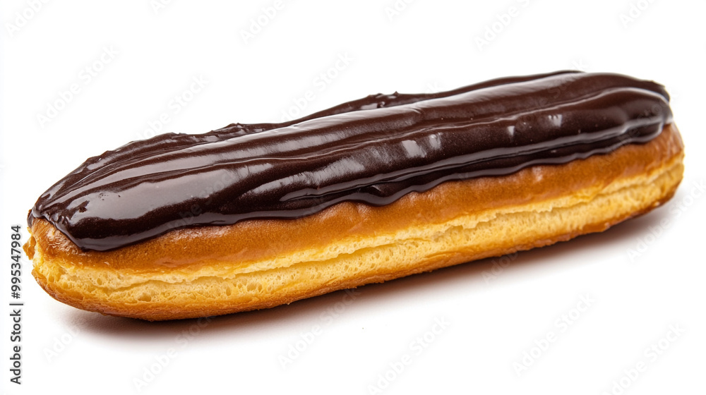 Freshly baked chocolate eclair with a smooth glaze on a plain background Freshly baked chocolate eclair with a smooth glaze on a plain background