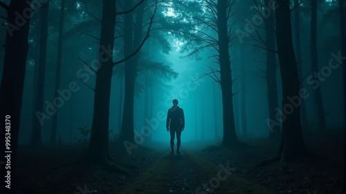 a man walking in a dark forest with a blue light in the background.