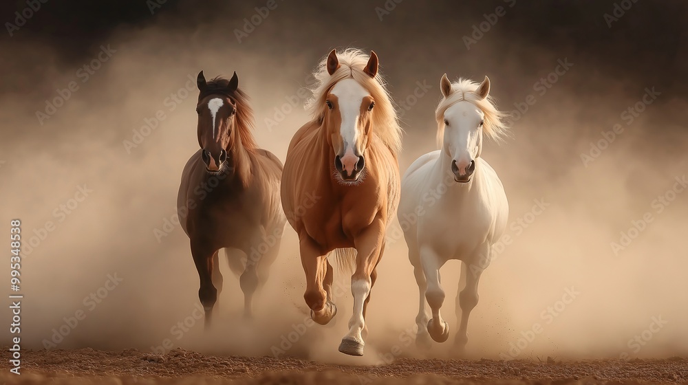 Majestic Horses Running Through Dusty Landscape Majestic Horses Running Through Dusty Landscape
