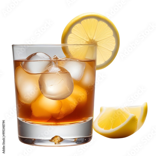 Old fashioned cocktail drink with a heavy bottom glass, containing a single round ice sphere, garnished with a twist of lemon peel photo