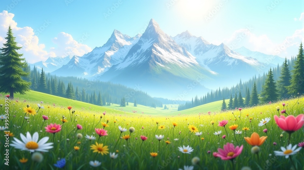 Fototapeta premium a field of flowers in front of a mountain with the sun shining through the clouds.