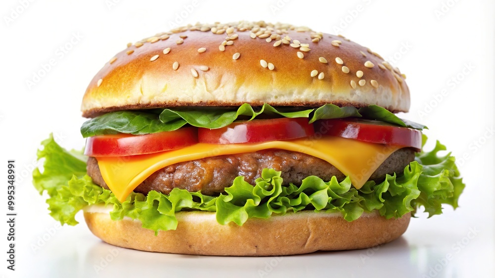 Delicious hamburger isolated on white background, long shot Delicious hamburger isolated on white background, long shot