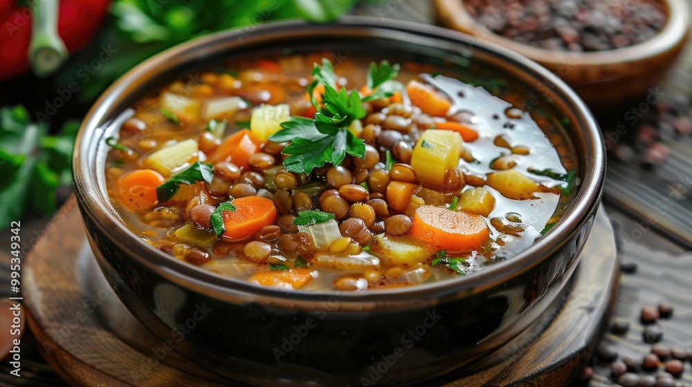 A bowl of hearty lentil soup with vegetables. A bowl of hearty lentil soup with vegetables.