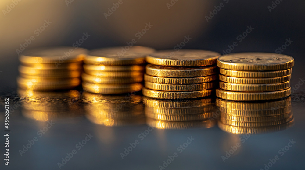Stacks of shiny gold coins reflecting light on a dark surface during sunset Stacks of shiny gold coins reflecting light on a dark surface during sunset