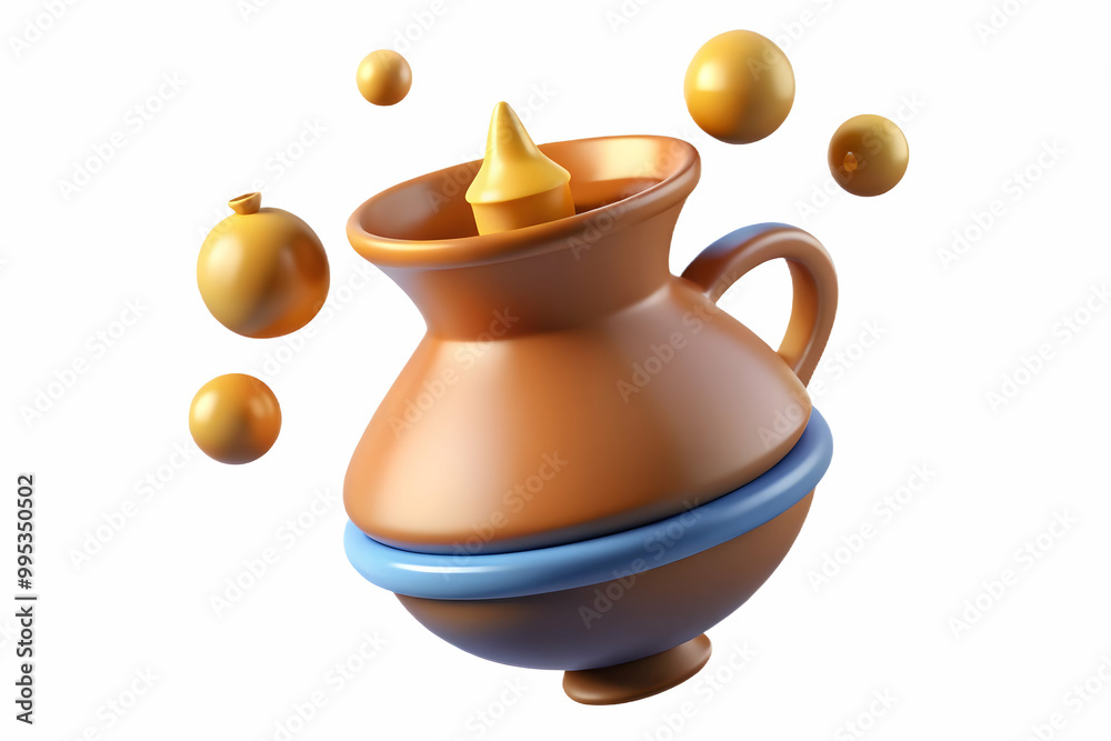 Flat Floating Hanukkah Oil Jug with Spilling Droplets Defying Gravity on White Background - Modern Creative Design Concept Flat Floating Hanukkah Oil Jug with Spilling Droplets Defying Gravity on White Background - Modern Creative Design Concept