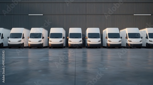 A line of white delivery vans parked in a warehouse, aligned neatly against a backdrop of wooden walls, showcasing a clean and organized fleet. photo