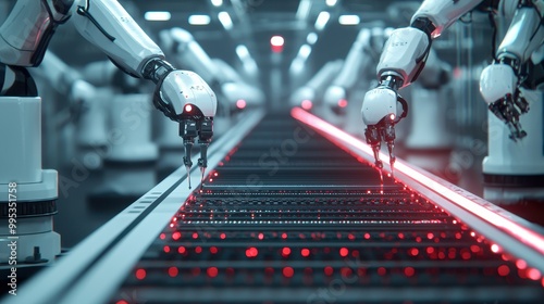 A futuristic scene showing robotic arms efficiently working on a conveyor belt illuminated by a striking red laser, highlighting advanced technology in automation.