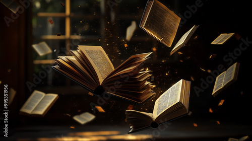 Floating open books in a dimly lit library, showcasing the magic of reading and imagination photo