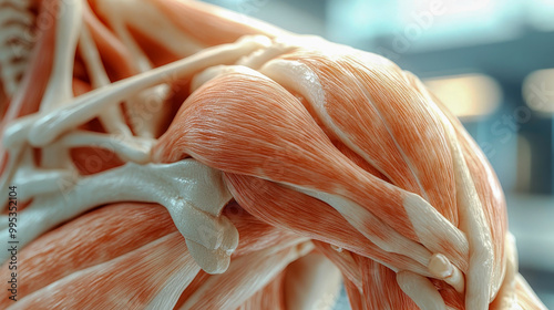 Human shoulder anatomy showing muscles, tendons and bones, medical illustration