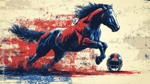 Black horse gallops against a grunge backdrop with the american flag and a football helmet