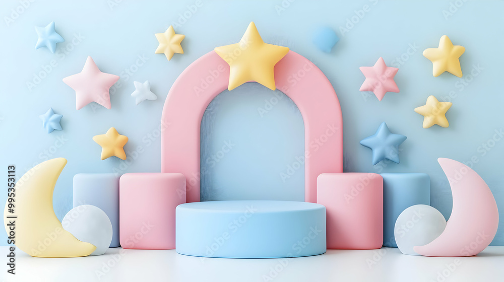 3D Star and Moon Podium Concept - Cartoon Style Design with Stars and Moons on Sides, Copy Space on Front, Isolated Icon on White Background 3D Star and Moon Podium Concept - Cartoon Style Design with Stars and Moons on Sides, Copy Space on Front, Isolated Icon on White Background