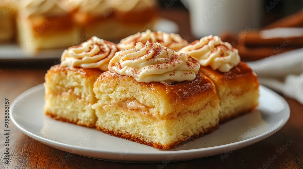 Four square cakes topped with cinnamon and white cream on a white platter Four square cakes topped with cinnamon and white cream on a white platter