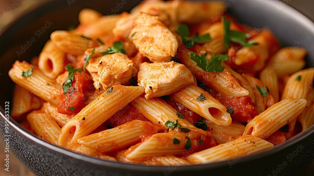 A close-up of penne pasta with chicken and marinara sauce. This image can be used to illustrate articles about pasta, Italian food, or chicken recipes. A close-up of penne pasta with chicken and marinara sauce. This image can be used to illustrate articles about pasta, Italian food, or chicken recipes.