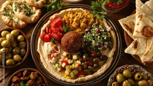 A colorful Mediterranean mezze platter with hummus, falafel, and olives.