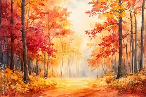 Watercolor Painting of Serene Autumn Forest with Vibrant Red  Orange  and Gold Trees  Leaf-Carpeted Floor and Soft Golden Light