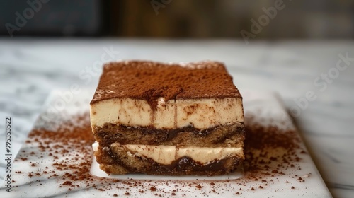 A decadent and indulgent slice of tiramisu, with layers of espresso-soaked ladyfingers and a rich, creamy mascarpone filling