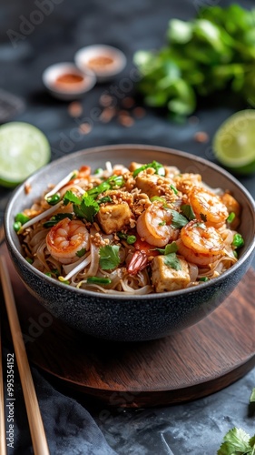 Bowl of Pad Thai with shrimp and tofu, extra lime and chili flakes on the side, rich and flavorful.