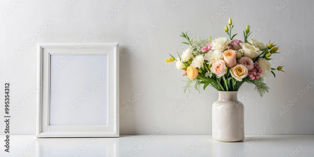 Fototapeta premium Description: Long shot white frame adjacent to vase with flowers arrangements