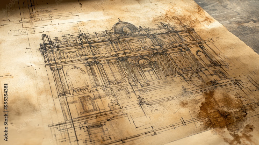 Obraz premium Aged architectural blueprint for a Victorian museum, meticulously detailed on crumbling, worn paper, with faded ink and torn edges