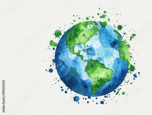 Watercolor Earth Globe with Blue and Green Splashes