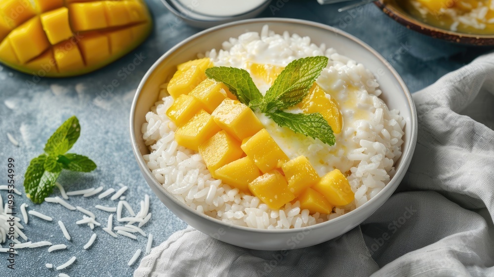 A delightful and refreshing bowl of mango sticky rice, with sweet sticky rice, fresh mango slices, and a drizzle of coconut milk A delightful and refreshing bowl of mango sticky rice, with sweet sticky rice, fresh mango slices, and a drizzle of coconut milk
